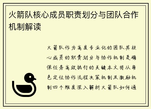 火箭队核心成员职责划分与团队合作机制解读