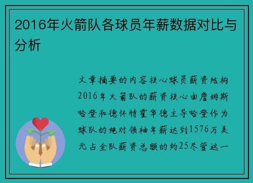 2016年火箭队各球员年薪数据对比与分析